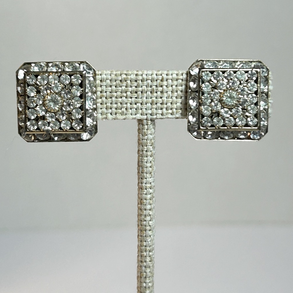 Vintage Rhinestone Square Rhinestone Clip On Earrings MCM Gold Tone Backs